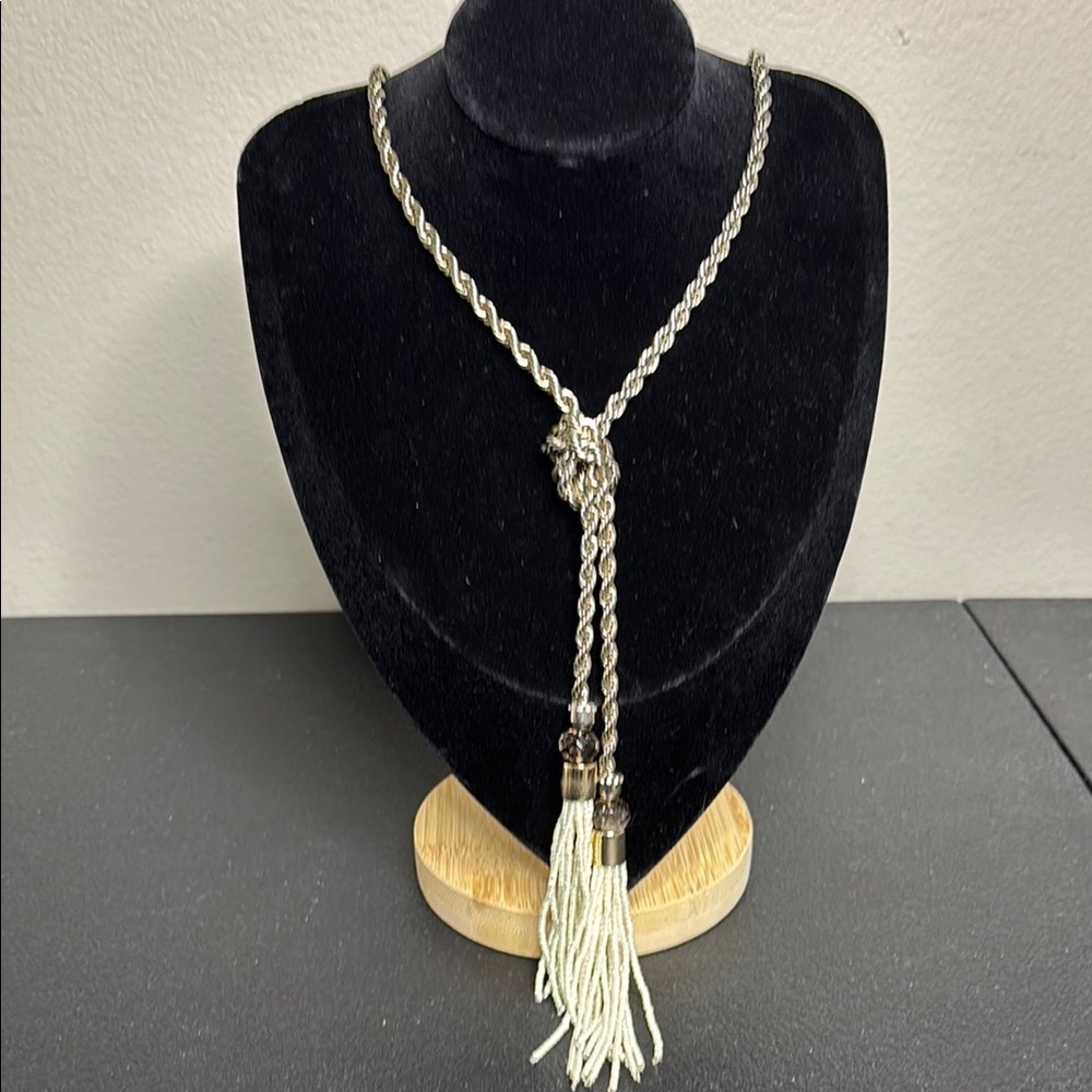 White House Black Market Silver Rope Tie Lariat Beaded Pearl Necklace​
